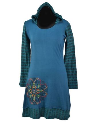 Krátké petrolejové šaty s kapucí a dlouhým rukávem, Mantra design, výšivka