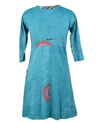 Tyrkysové šaty s dlouhým rukávem, Mandala potisk, V výstřih