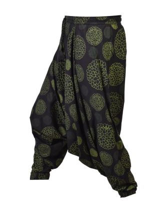 Černo-zelené turecké kalhoty s potiskem mandal, elastický pas