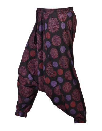 Černo-růžové turecké kalhoty s potiskem mandal, elastický pas