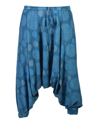 Modré turecké kalhoty s potiskem mandal, elastický pas