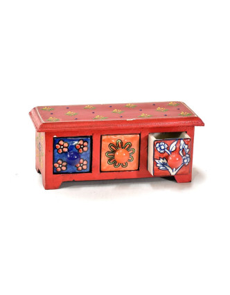 Skříňka s 3 keramickými šuplíky, ručně malovaná, dřevo, 23,5x10,3x9,5cm
