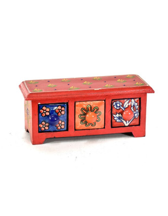 Skříňka s 3 keramickými šuplíky, ručně malovaná, dřevo, 23,5x10,3x9,5cm