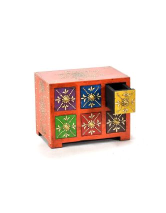 Ručně malovaná dřevěná skříňka se šesti šuplíky, 19x14x14cm