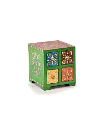 Ručně malovaná dřevěná skříňka se čtyřmi šuplíky, 14x14x14cm