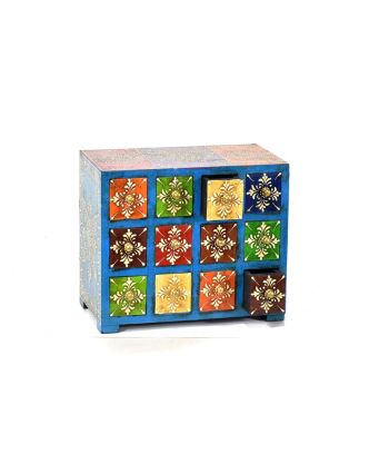 Ručně malovaná dřevěná skříňka s dvanácti šuplíky, 14x25x21cm