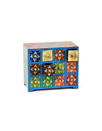 Ručně malovaná dřevěná skříňka s dvanácti šuplíky, 14x25x21cm