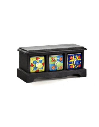 Skříňka s 3 keramickými šuplíky, ručně malovaná, mangové dřevo, 25x9x12cm