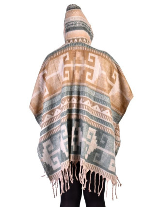 Krátké vzorované pončo s kapucí a třásněmi, vzor aztec natural, kapsa