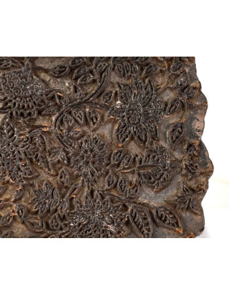 Antik dřevěná raznice na tisk přehozů s motivem květin, block print, 16x16cm