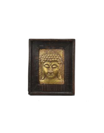 Obraz recyklovaného teakového dřeva, relief Buddhy z tepaného kovu, 25x29x3cm