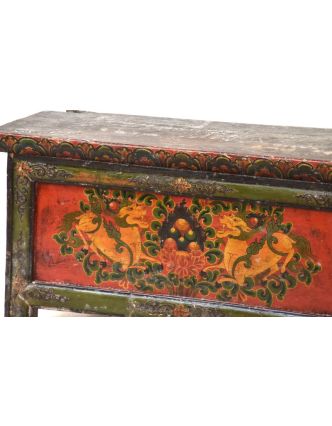 Ručně malovaný antik rituální stolek z centrálního Tibetu, borovice, 88x36x44cm