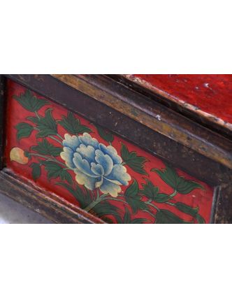 Ručně malovaný antik rituální stolek z centrálního Tibetu, borovice, 73x33x41cm