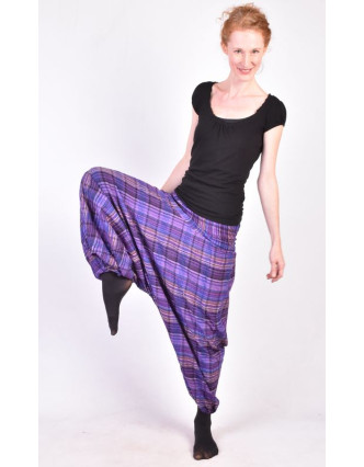 Turecké kalhoty, "Patchwork design", fialová, stonewash, žabičkování