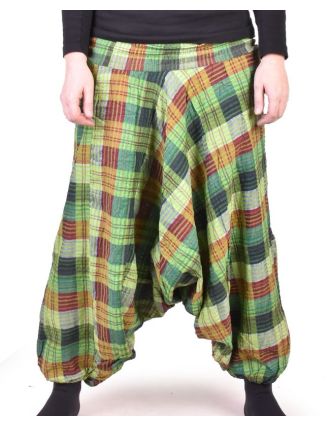Turecké kalhoty, "Patchwork design", zelená, stonewash, žabičkování