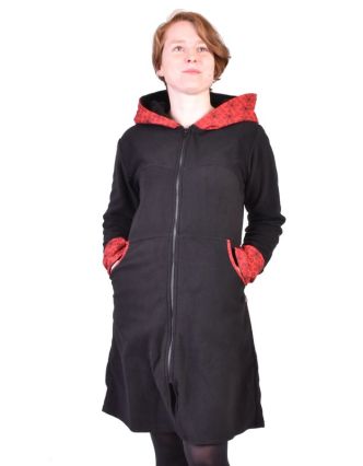 Černo-červený lehký fleecový kabátek s kapucí "Circle", potisk, kapsy, zip