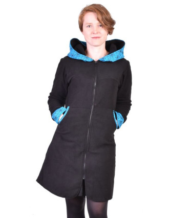 Černo-tyrkys. lehký fleecový kabátek s kapucí "Circle", potisk, kapsy, zip