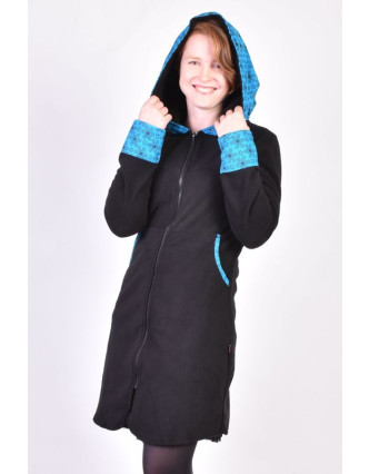 Černo-tyrkys. lehký fleecový kabátek s kapucí "Circle", potisk, kapsy, zip