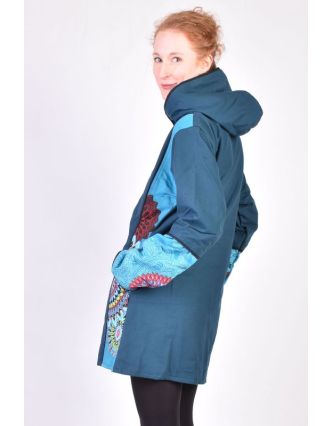 Tyrkysový kabát s kapucí zapínaný na zip, barevný Mandala potisk, lemy