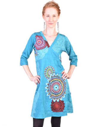 Tyrkysové šaty s dlouhým rukávem, Mandala potisk, V výstřih