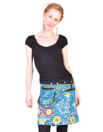 Krátká tyrkysová sukně zapínaná na svočky, Lace design, potisk, kapsička