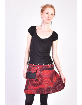 Krátká vínová sukně zapínaná na svočky, Mandala design, potisk, kapsička