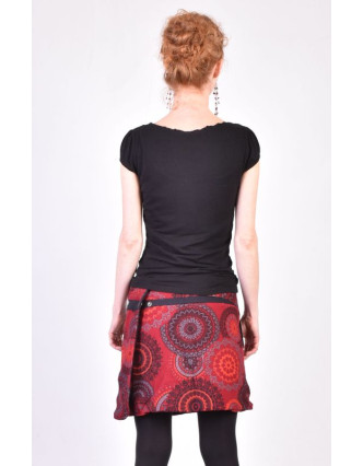 Krátká vínová sukně zapínaná na svočky, Mandala design, potisk, kapsička