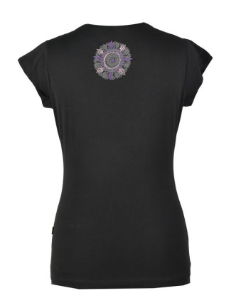Černé tričko na jógu z bio bavlny, výšivka Chakra a potisk