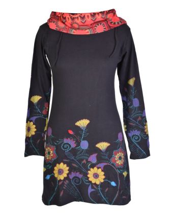 Černé šaty s dlouhým rukávem a vysokým límce, Flower design, potisk a výšivka