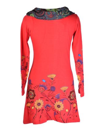 Červené šaty s dlouhým rukávem a vysokým límce, Flower design, potisk a výšivka
