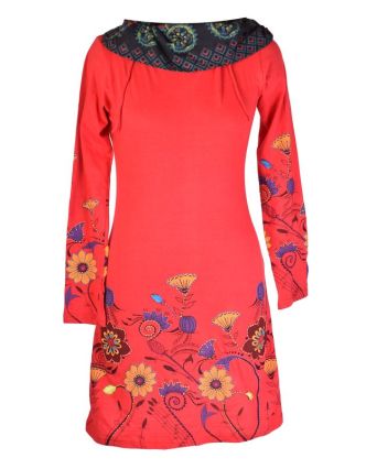 Červené šaty s dlouhým rukávem a vysokým límce, Flower design, potisk a výšivka