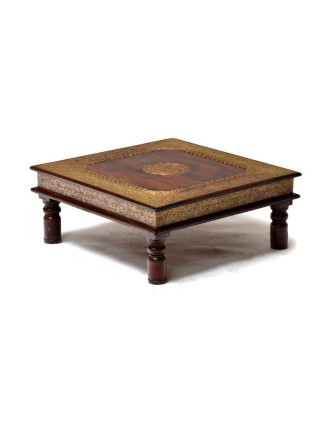 Čajový stolek z palisandru, mosazné kování, ruční práce, 50x50x20cm
