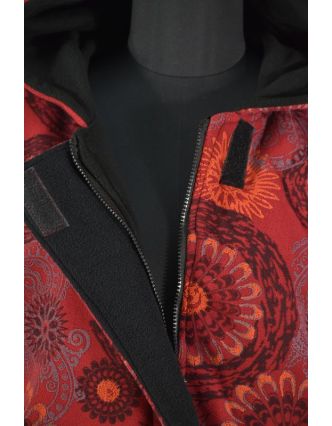 Vínový fleecový kabát s kapucí zapínaný na zip, potisk mandal, kapsy