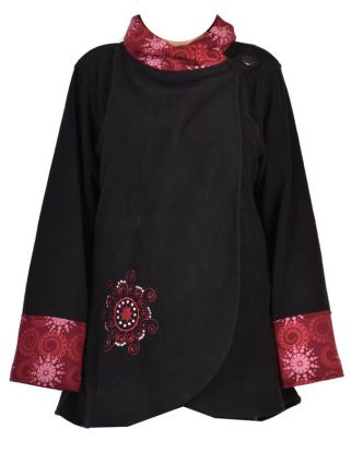 Černo-vínový kabát s potiskem zapínaný na knoflík, výšivka, kapsy