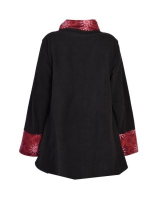 Černo-vínový kabát s potiskem zapínaný na knoflík, výšivka, kapsy