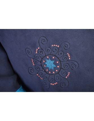 Modrý kabát s potiskem zapínaný na knoflík, výšivka, kapsy