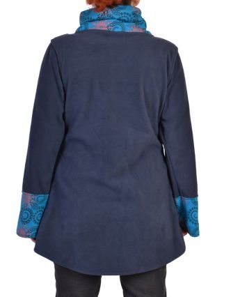 Modrý kabát s potiskem zapínaný na knoflík, výšivka, kapsy