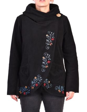 Černý kabát s kapucí zapínaný na knoflík, květinový výšivka