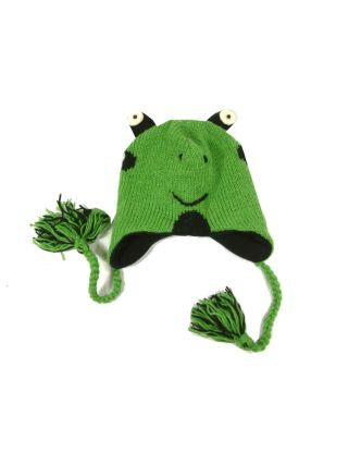 Čepice s ušima, dětská, žába, zelená, vlna, podšívka