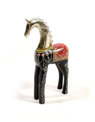 Soška koně, dřevěná, ručně malovaná, kovová hlava, černá, 16x39cm