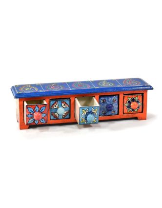 Skříňka s 5 keramickými šuplíky, ručně malovaná, dřevo, 38x10x10cm