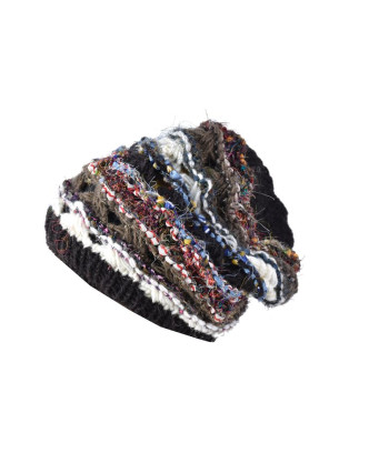 Vlněná čepice, patchwork vlna, bavla, hedvábí, tmavě hnědá (černá)