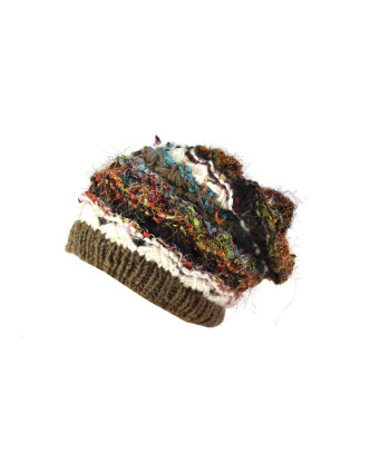 Vlněná čepice, patchwork vlna, bavla, hedvábí, khaki