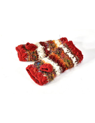 Vlněné rukavice bez prstů, patchwork vlna, bavla, hedvábí, červená