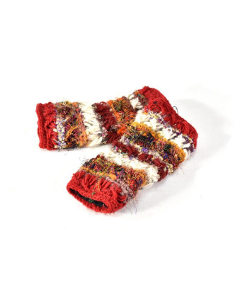 Vlněné rukavice bez prstů, patchwork vlna, bavla, hedvábí, červená