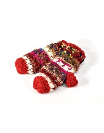 Vlněné rukavice palčáky, patchwork vlna, bavlna, hedvábí, červené