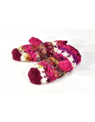 Vlněné rukavice palčáky, patchwork vlna, bavla, hedvábí, růžová