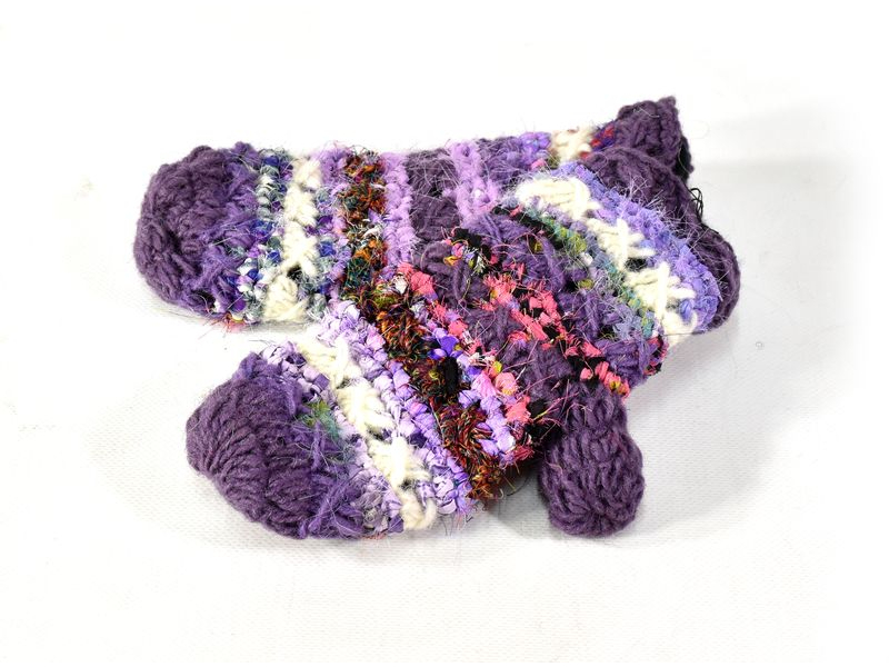 Fialové vlněné rukavice palčáky, patchwork (vlna, bavlna, hedvábí)