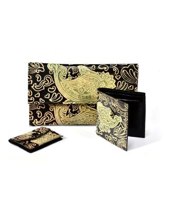 Ručně malovaná kožená peněženka, set 3 ks, Paisley, černá, velká 20x12cm