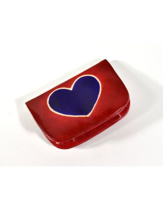 Peněženka na drobné, červená, ručně malovaná kůže, "heart"